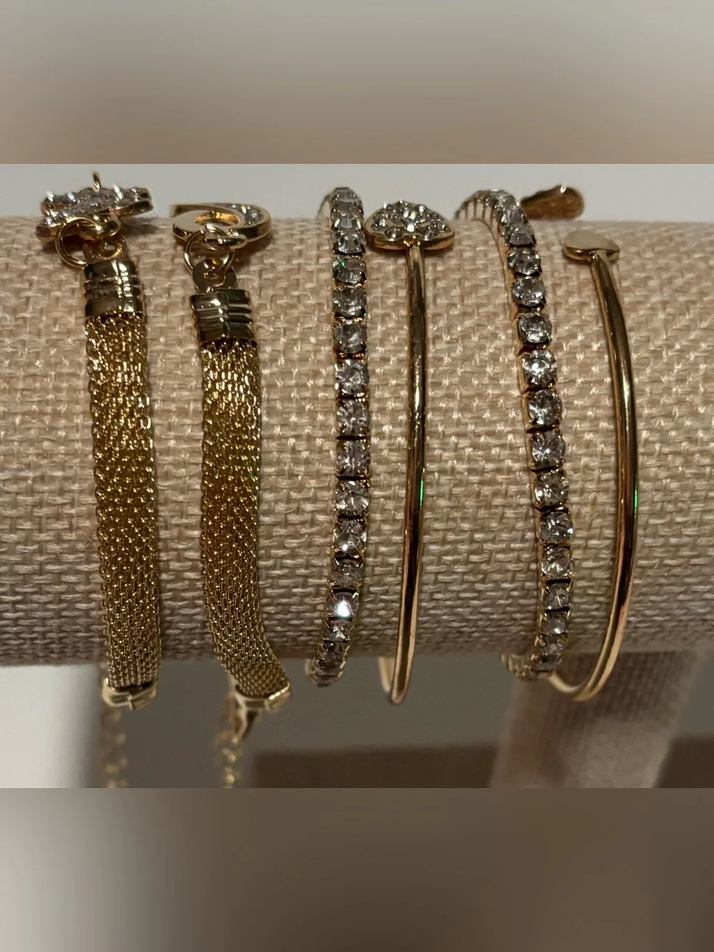 Gold Tone Rhinestone Heart Butterfly Infinity Bracelet Stack Set of 6